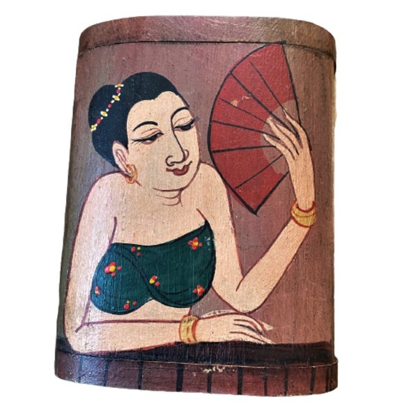 2/$40 Vintage Tiki 60s 70s wooden lady with fan trinket jewelry box - Picture 6 of 11